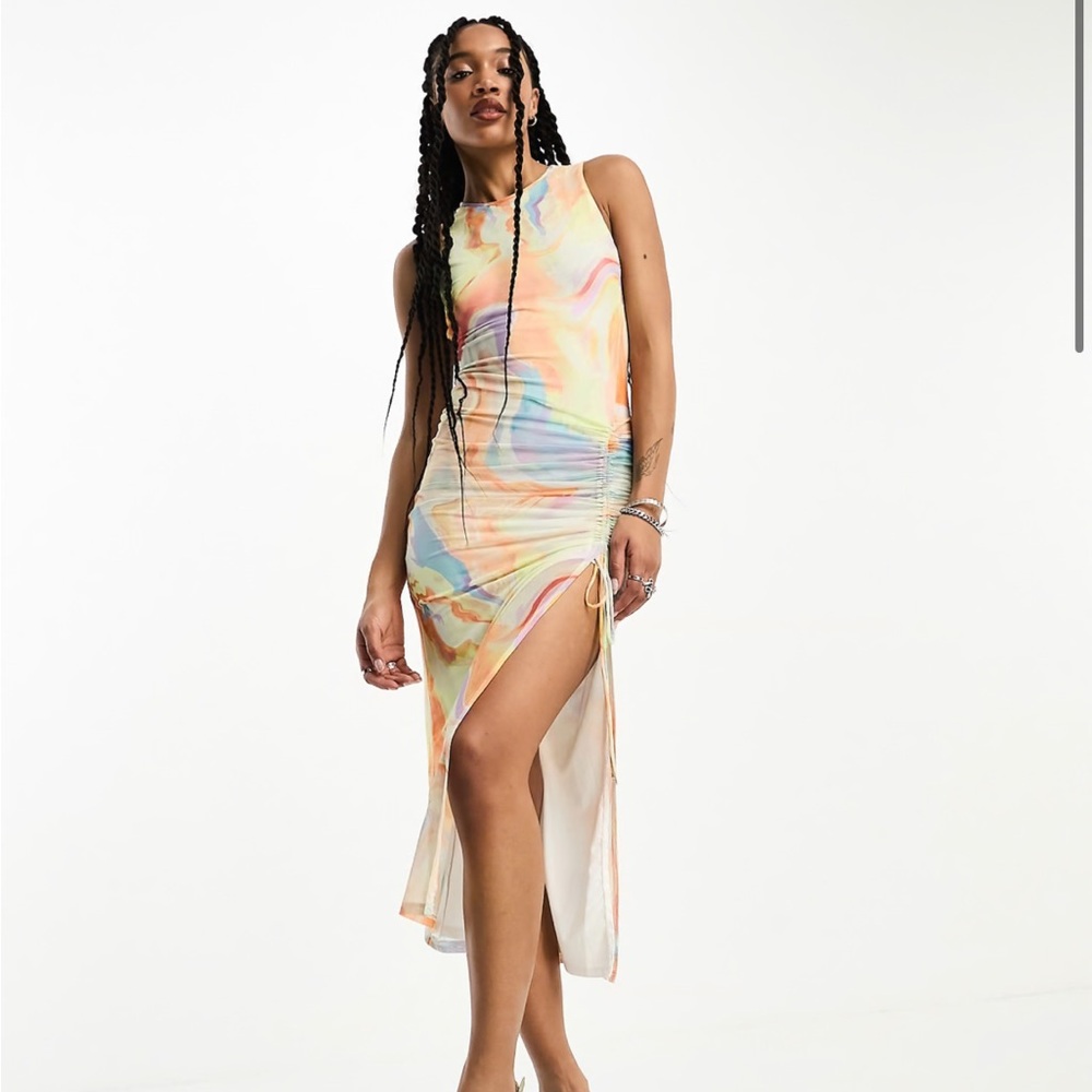Bershka racerneck ruched mesh midi dress in orange marble